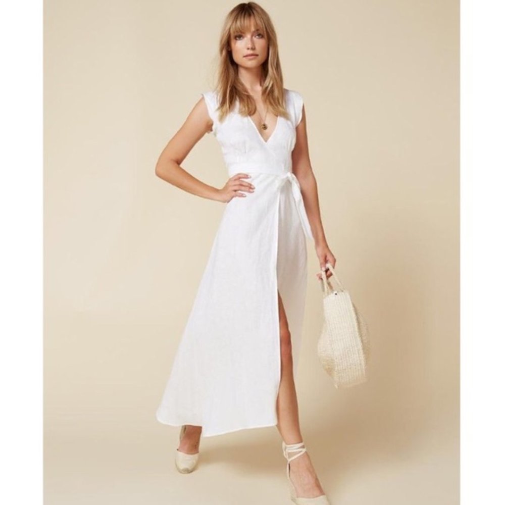 Reformation Parisa Linen White Wrap Dress in Sma